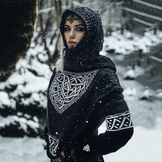 Women's Viking Tribal Jacquard Celtic Inspired Chunky Knit Hooded Sweater artswardrobe