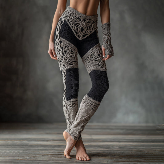 Vintage Viking Celtic Knot Art Knit Jacquard Cozy Leggings artswardrobe