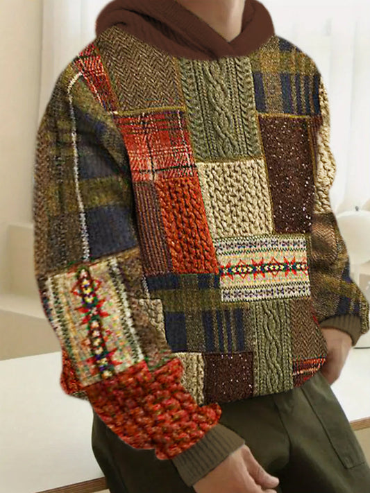 Vintage Knit Fabric Patchwork Men's Hooded Sweater artswardrobe
