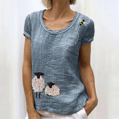 Vintage Sheep & Flying Bee Embroidered Linen Shirt artswardrobe