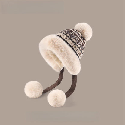 Comstylish Vintage Fair Isle Knit Cozy Fur Trim Fleece Liner Hat
