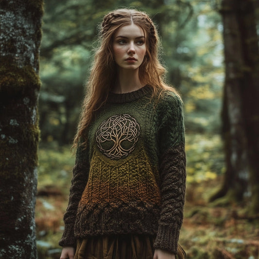 Women's Celtic Tree Of Life Forest Ombre Crew Neck Sweater artswardrobe