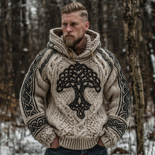 Men's Viking Tree Of Life Art Celtic Knot Jacquard Knitted Hooded Sweater artswardrobe