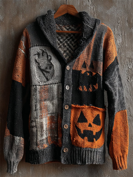 Halloween Pumpkin Face Plaid Colorblock Patchwork Cozy Knit Hooded Cardigan artswardrobe