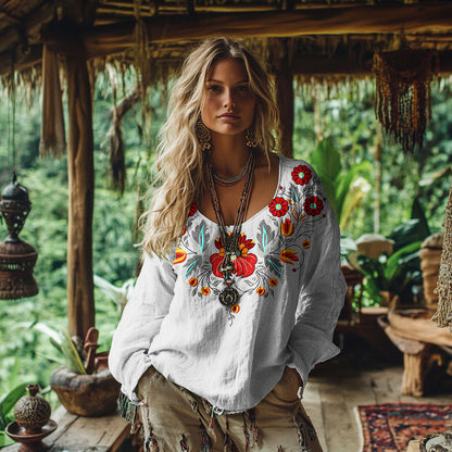 Comstylish Vintage Bohemian Floral Embroidered Linen Shirt