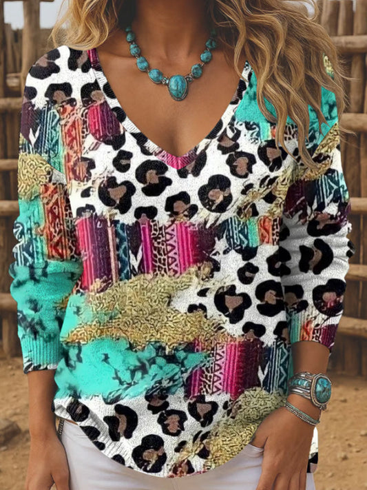 Women's Western Retro Pattern Print Long Sleeve Top artswardrobe