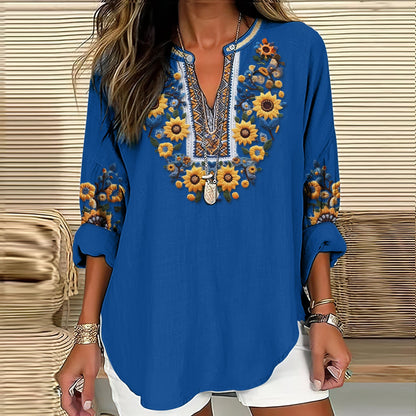 Comstylish Women's Ukraine Sunflower Embroidery Art V-neck Casual Linen Blend Blouse