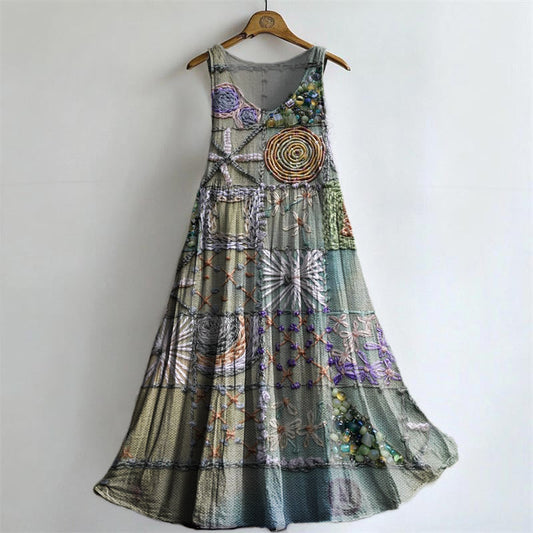 Women's Vintage Plaid Embellished Pattern Art Print Round Neck Sleevel