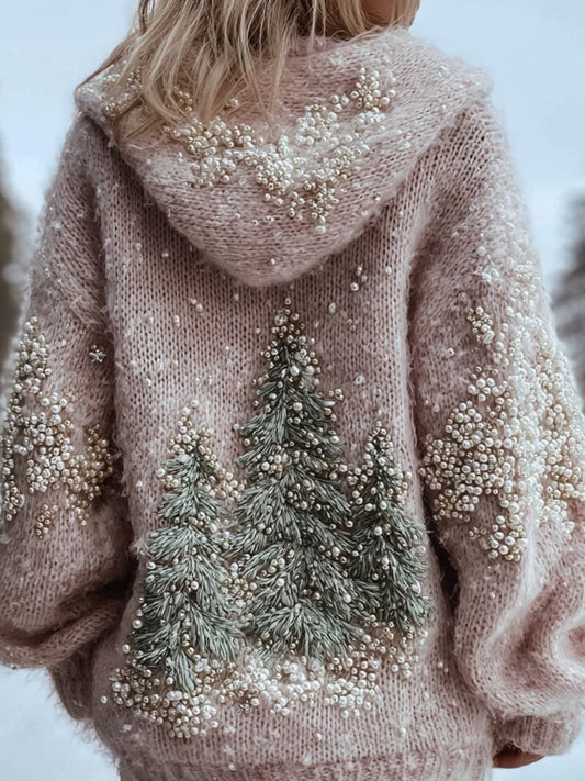 Vintage Pine Trees Embroidered Cozy Hooded Sweater artswardrobe