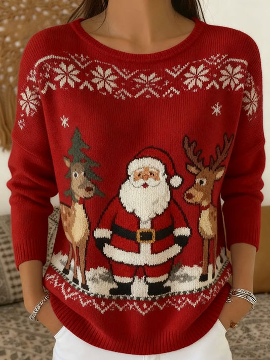 Women's Christmas Santa Claus And Reindeer Print Casual Buttons Long Sleeve Top artswardrobe