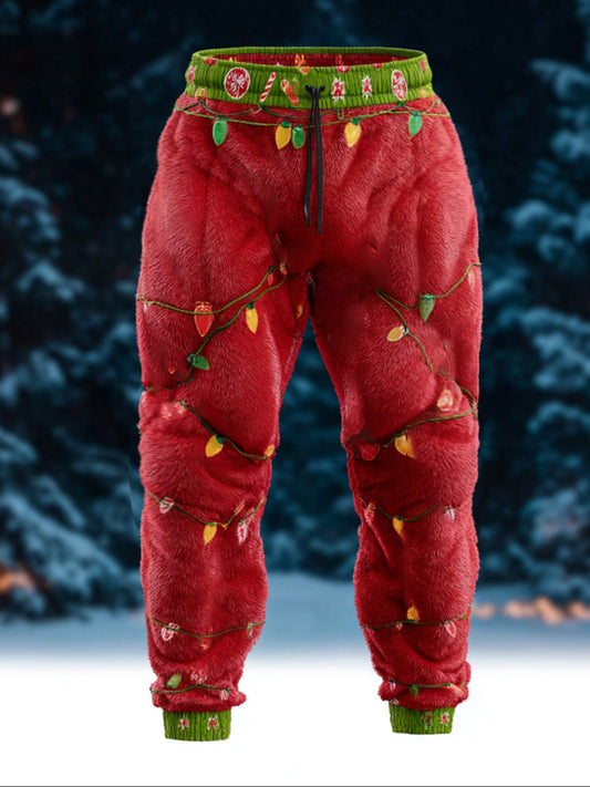 Comstylish Men's Christmas Lights Santa Claus Plush Sports Pants