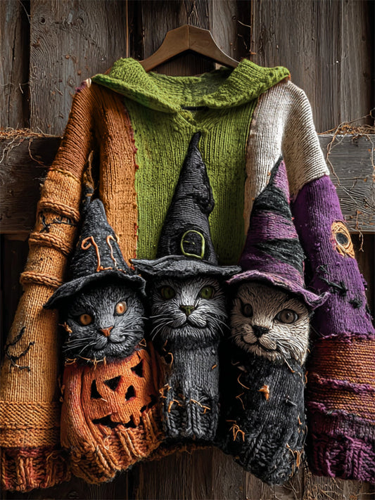 Halloween Witch Cats Colorblock Hooded Cozy Knit Sweater artswardrobe