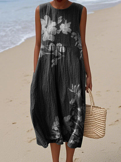 Vintage Loose Floral Art Linen Tank Dress artswardrobe