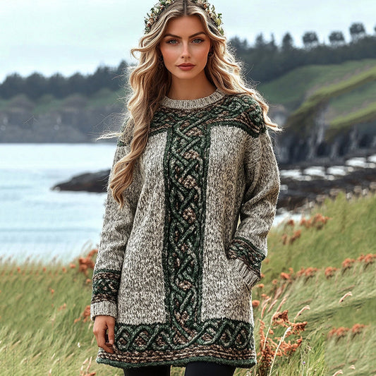 Women's Irish Celtic Knot Jacquard Contrast Tape Sweater Dress artswardrobe