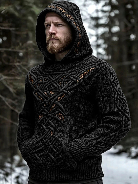 Men's Viking Jacquard Celtic Style Cozy Knit Hooded Sweater artswardrobe