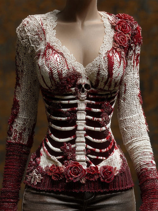 Classy Skeleton Bloody Roses V Neck Cozy Sweater artswardrobe