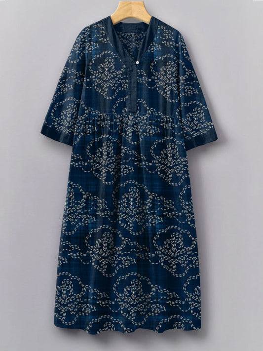 Japanese Traditional Sashiko Art Pattern V-Neck Long Sleeves Dress