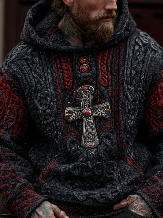 Halloween Cross Gemstone Art Men's Knit Hooded Sweater artswardrobe