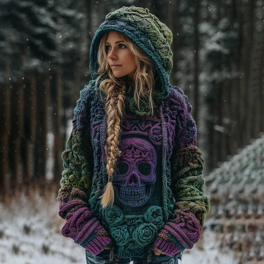 Women's Vintage Skull Gradient Art Knit Hooded Sweater artswardrobe