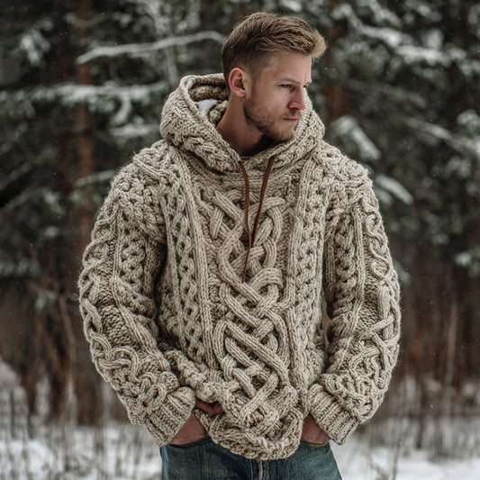 Men's Vintage Viking Celtic Knot Art Cozy Jacquard Knit Hooded Sweater artswardrobe