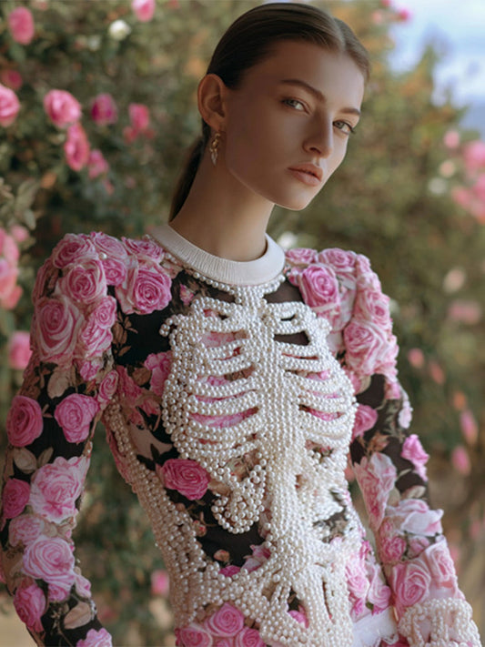 Women's Vintage Halloween Skeleton Bones With Rose Art Cozy Knit Mini Sweater Dress artswardrobe