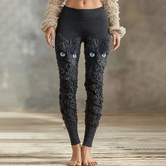 Vintage Cute Cat Face With Roses Art Embroidered Cozy Knit Leggings