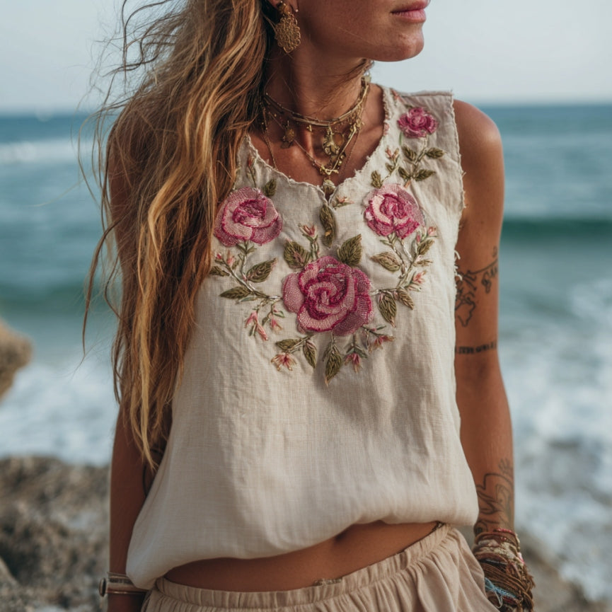 Women's Vintage Floral Embroidery Art Linen Comfy Sleeveless Top artswardrobe