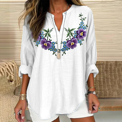 Comstylish Women's Purple Flower Art Print V Neck Long Sleeve Casual Shirt