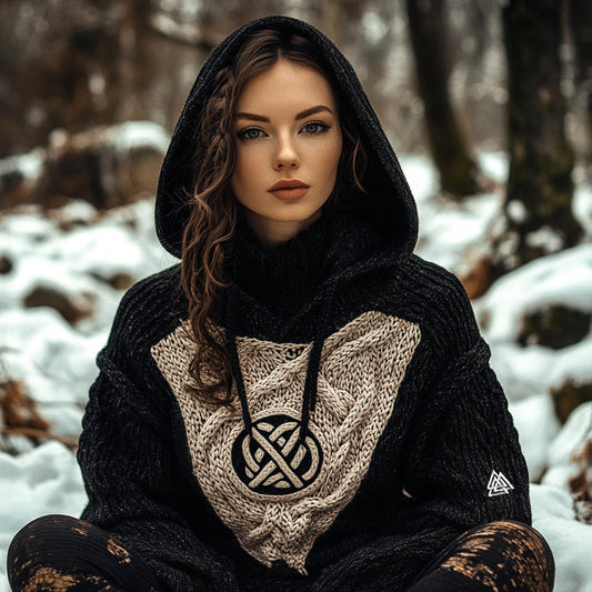 Women's Viking Tribal Jacquard Celtic Inspired Knit Hooded Sweater artswardrobe