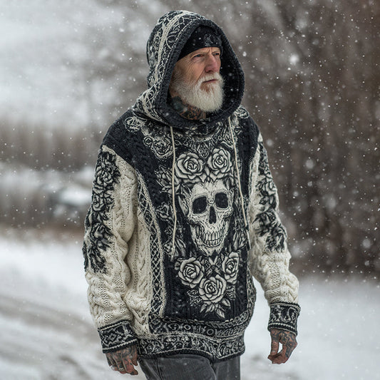 Men's Viking Tribal Jacquard Celtic With Rose And Skull Inspired Chunky Knit Hooded Sweater artswardrobe