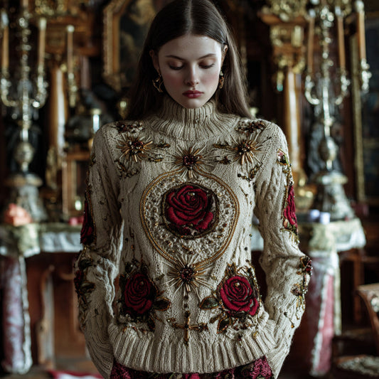 Women's Halloween Red Rose High Collar Sweater artswardrobe