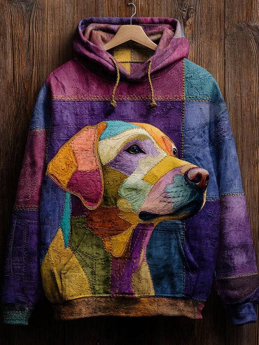 Vintage Patchwork Dog Print Art Casual Hoodie artswardrobe