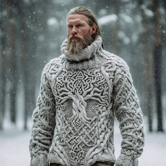 Nordic Myth Tree Of Life Men's Chunky Knit Turtleneck Sweater artswardrobe