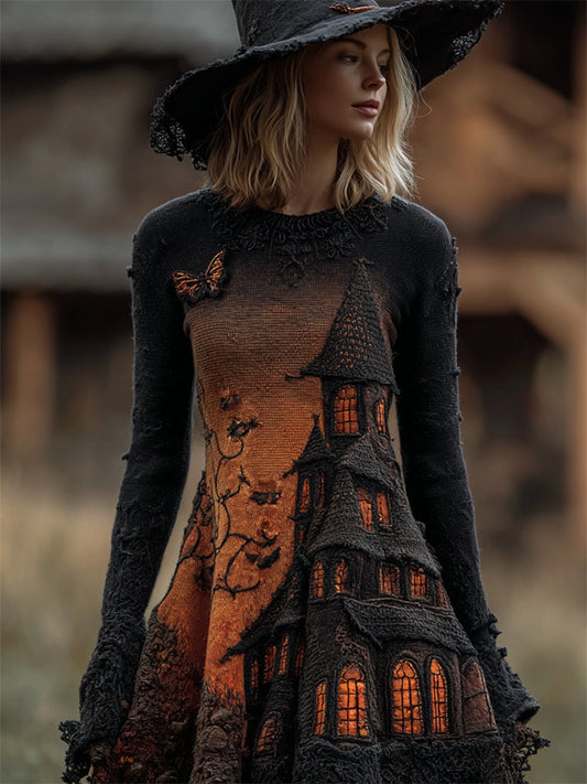 Halloween Forest Castle Gradient Cozy Knit Sweater Dress artswardrobe