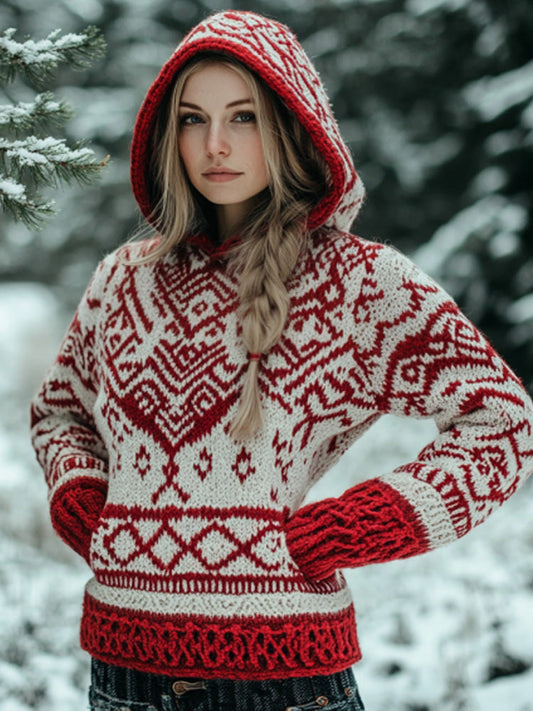 Women's Vintage Viking Valentine's Day Love Jacquard Hooded Sweater artswardrobe