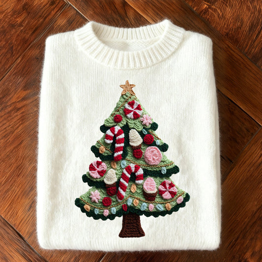 Cute Crochet Christmas Tree Embroidered Cozy Knit Sweater artswardrobe