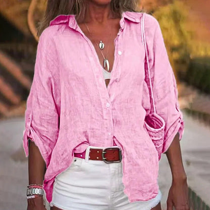 Comstylish Women's Casual Linen Solid-colored Print Shirt