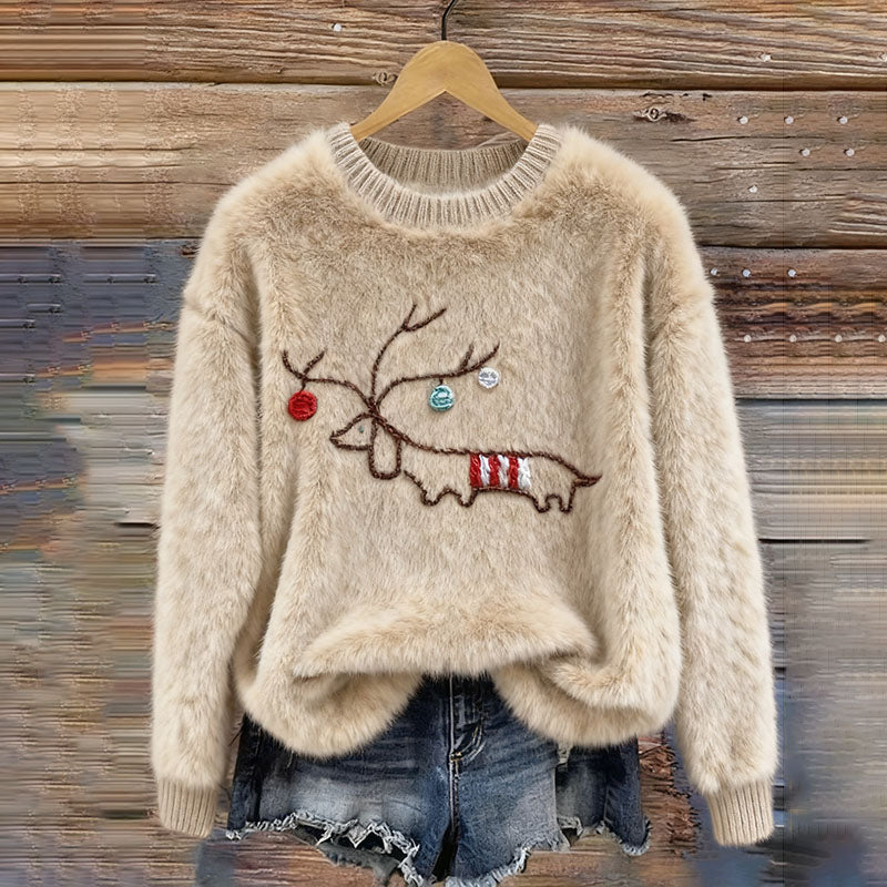 Comstylish Women's Christmas Dachshund Embroidered Cozy Crew Neck Plush Sweatshirt