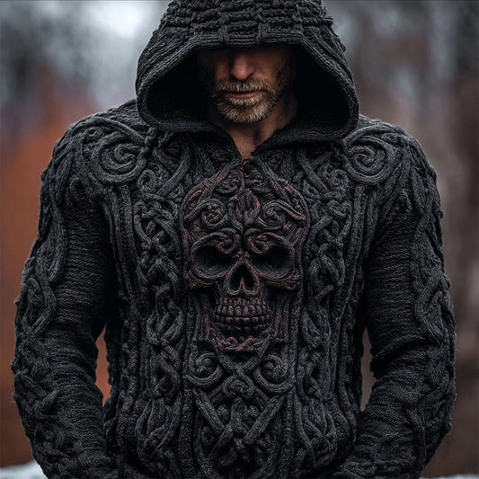Men's Viking Skull Celtic Jacquard Chunky Hooded Sweater artswardrobe