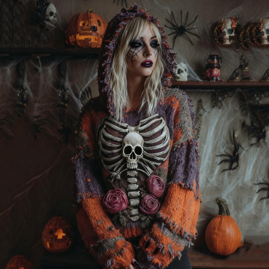 Women's Vintage Patchwork Chunky Knit Skull Hooded Sweater artswardrobe