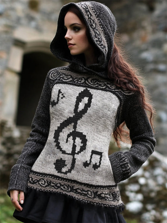 Vintage Treble Clef Music Notes Celtic Cozy Knit Hooded Sweater artswardrobe