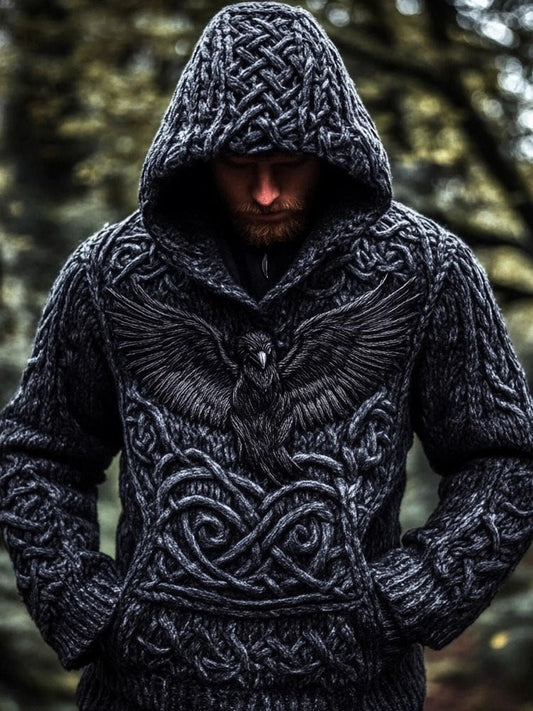 Men's Viking Raven Inspired Celtic Chunky Hooded Sweater artswardrobe