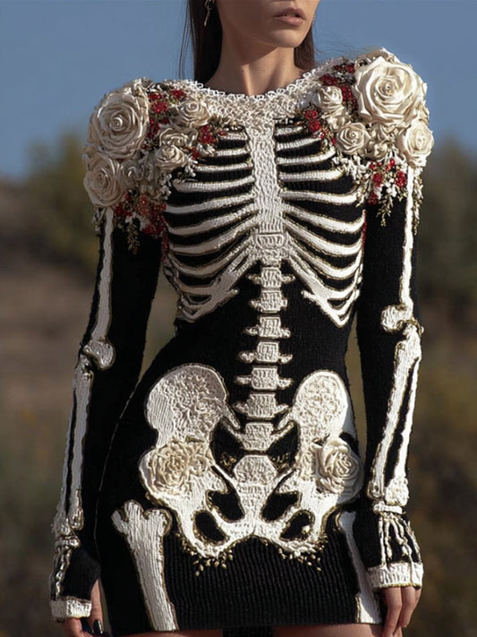 Vintage Halloween Human Skeleton Rose Round Neck Knitted Skirt artswardrobe