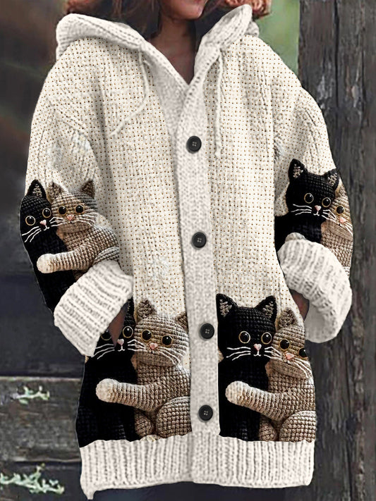 Comstylish Cat Hug Crochet Art Women's Sweater Hooded Cardigan
