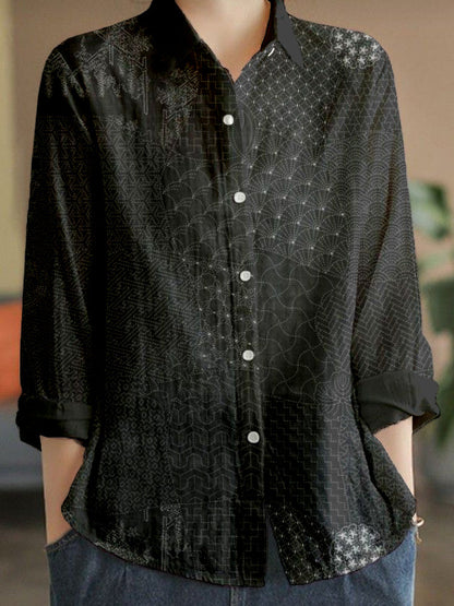 Comstylish Japanese Traditional Sashiko Art Linen Blend Blouse