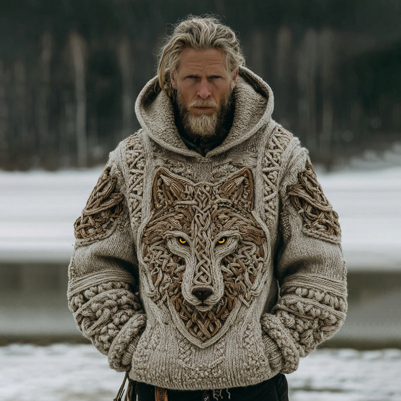 Men's Vintage Viking Wolf Art Cozy Knit Hooded Sweater artswardrobe