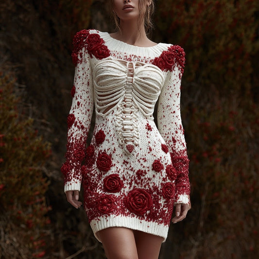 Bloody Skeleton Roses Embroidered Cozy Sweater Dress artswardrobe