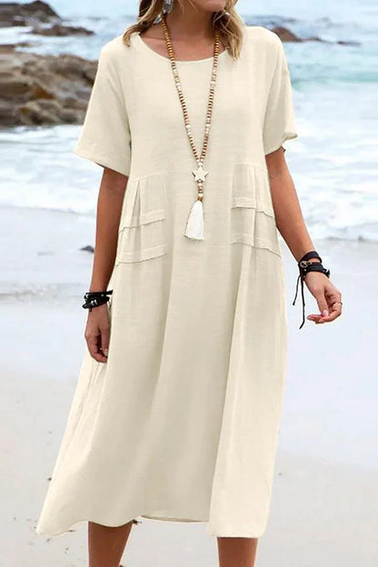 LM | Loose, short-sleeved casual dress with a round neckline and plain colors