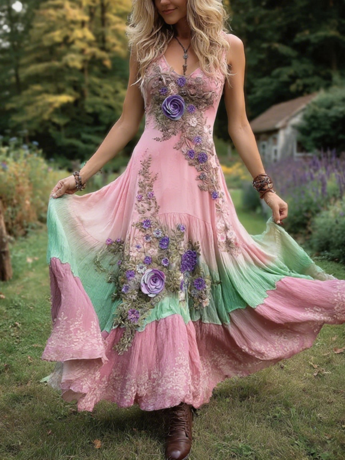 Classy Gradient Purple Lavender And Floral Embroidered Linen Maxi Dress artswardrobe