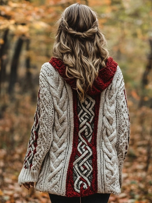 Classic Celtic Jacquard Contrast Color Cozy Chunky Hooded Cardigan artswardrobe